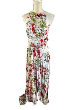 Abel the Label White Floral Halter Maxi Dress with Red & Green Floral Print